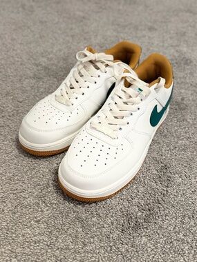 Nike White Sneakers with Green Swoosh and Tan Accents